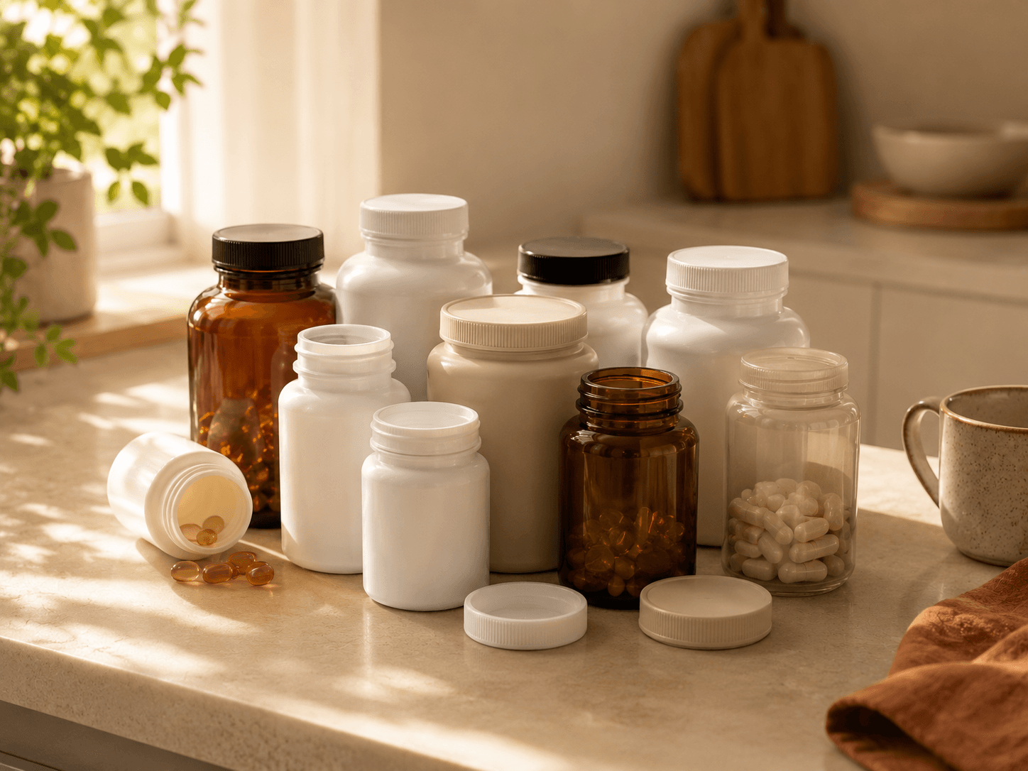 A counter full of bottles